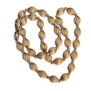 Signed Monet Gold Tone Oval Textured Bead Fold Over Clasp Statement Necklace